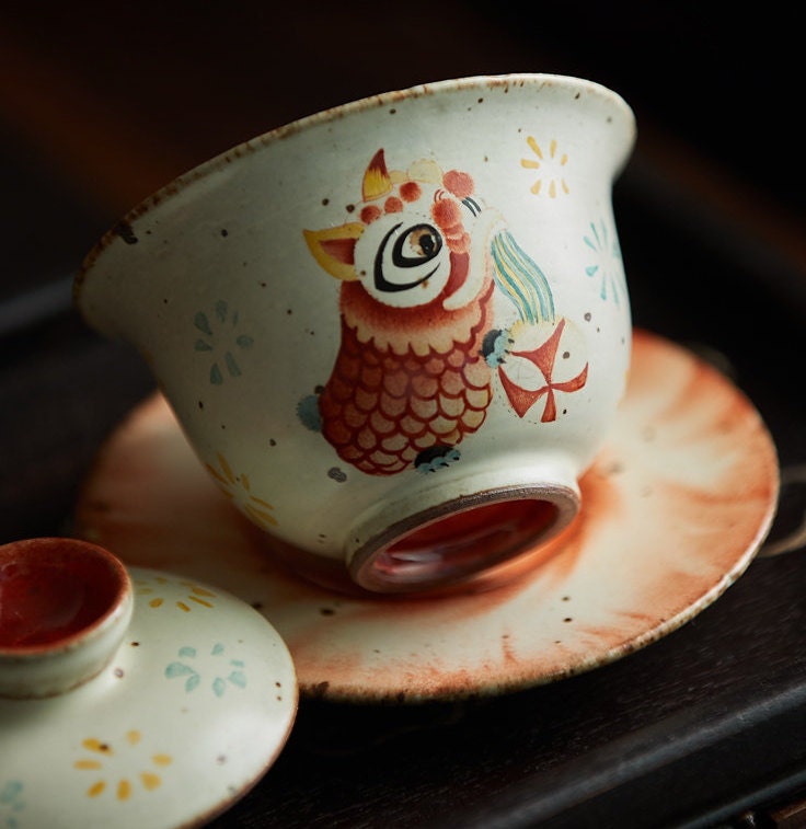 Gohobi Hand painted Chinese Lion dance Gaiwan Tea Cup Ceramic Chinese Gongfu tea Kung fu tea Japanese Chado