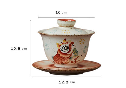 Gohobi Hand painted Chinese Lion dance Gaiwan Tea Cup Ceramic Chinese Gongfu tea Kung fu tea Japanese Chado