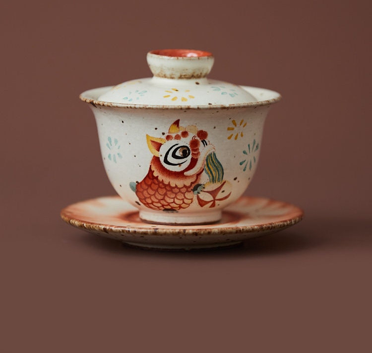 Gohobi Hand painted Chinese Lion dance Gaiwan Tea Cup Ceramic Chinese Gongfu tea Kung fu tea Japanese Chado