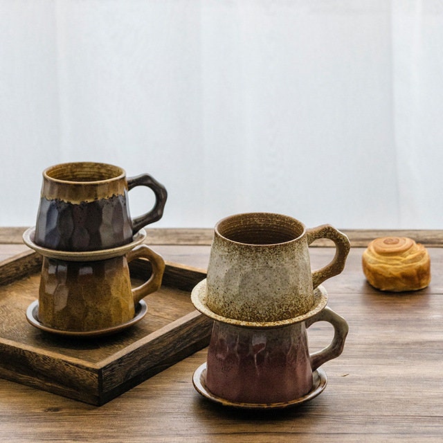 Gohobi Handmade stoneware Coffee cup and saucer Japanese vintage style coffee mug