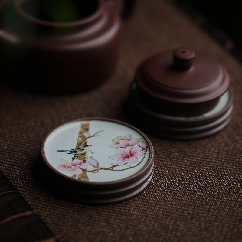 Gohobi Hand painted drink coaster ceramic Flowers Birds Bees Butterfly teapot lid stand Chinese Gongfu tea Japanese Chado mini coasters