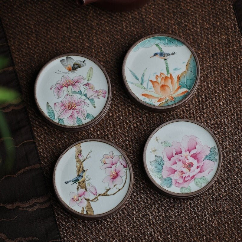 Gohobi Hand painted drink coaster ceramic Flowers Birds Bees Butterfly teapot lid stand Chinese Gongfu tea Japanese Chado mini coasters