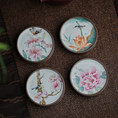 Gohobi Hand painted drink coaster ceramic Flowers Birds Bees Butterfly teapot lid stand Chinese Gongfu tea Japanese Chado mini coasters