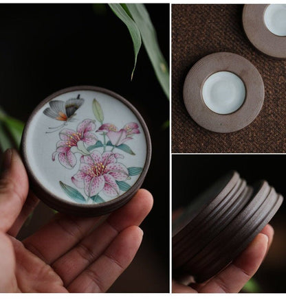 Gohobi Hand painted drink coaster ceramic Flowers Birds Bees Butterfly teapot lid stand Chinese Gongfu tea Japanese Chado mini coasters