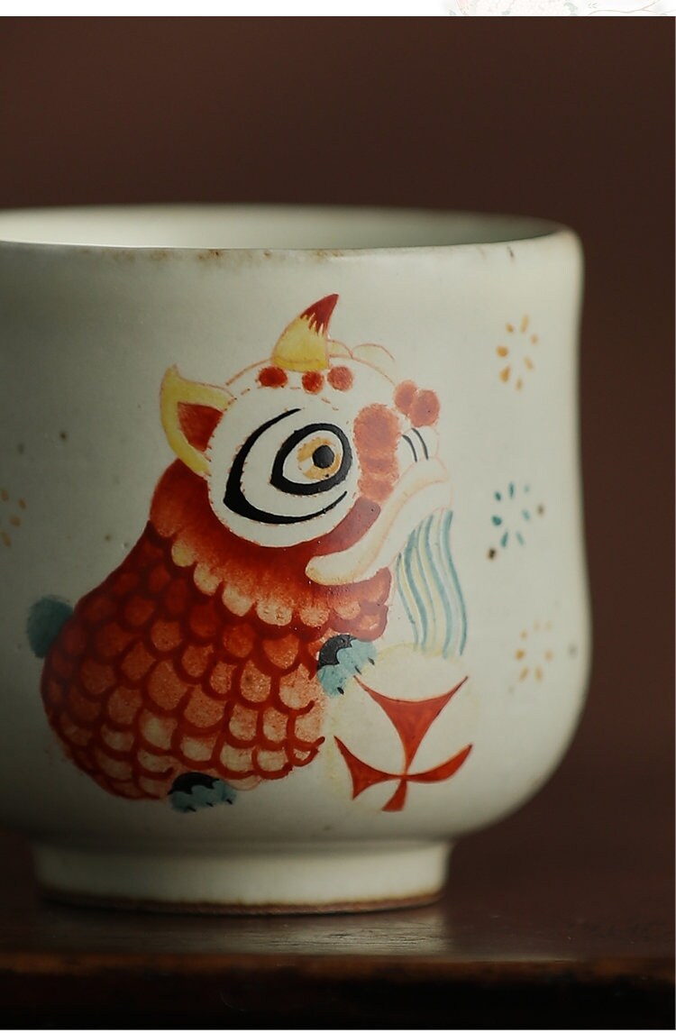 Gohobi Hand painted Chinese Lion dance Tea Cup Ceramic Chinese Gongfu tea Kung fu tea Japanese Chado