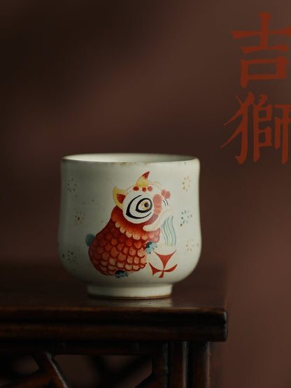 Gohobi Hand painted Chinese Lion dance Tea Cup Ceramic Chinese Gongfu tea Kung fu tea Japanese Chado