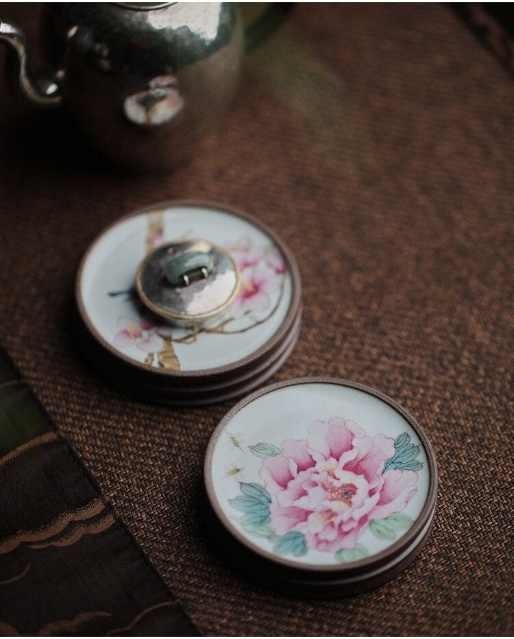 Gohobi Hand painted drink coaster ceramic Flowers Birds Bees Butterfly teapot lid stand Chinese Gongfu tea Japanese Chado mini coasters