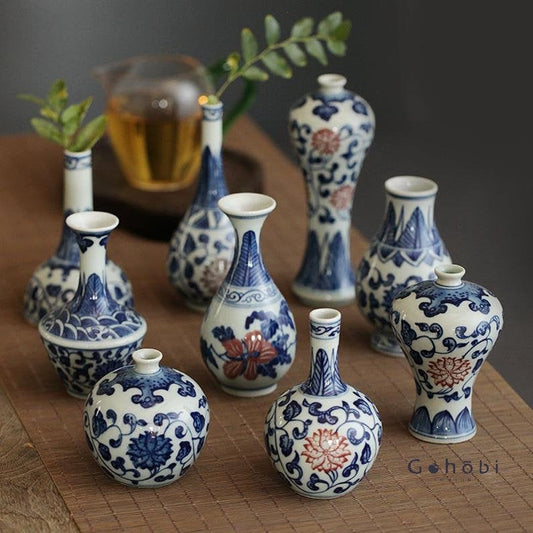 Gohobi Oriental vase blue and white porcelain hand painted handmade mini vases Chinese Japanese Chado table decor gift wedding birthday