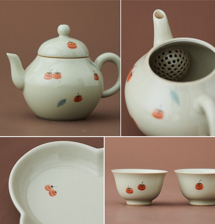 Gohobi Tea ceremony Handmade Persimmon Tea Pot and Set. Hand-painted, Rustic, Minimalistic Japanese Tea, Green Tea, Gongfu tea, Teapot