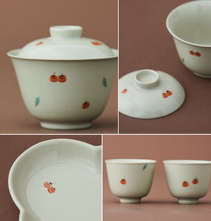 Gohobi Tea ceremony Handmade Persimmon Tea bowl and Set. Hand-painted, Rustic, Minimalistic Japanese Tea, Green Tea, Gongfu tea, Teabowl