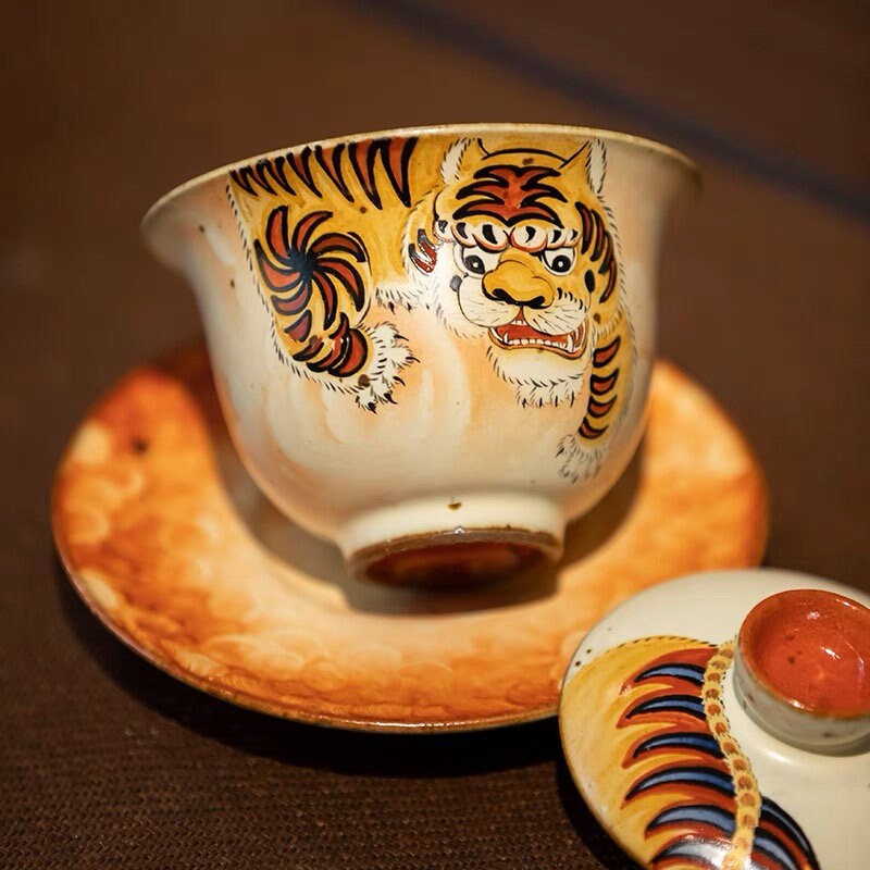 Gohobi Tiger Handmade gaiwan Tea cup and Set. Hand painted, Rustic, Minimalistic Japanese Tea, Green Tea, Gongfu tea