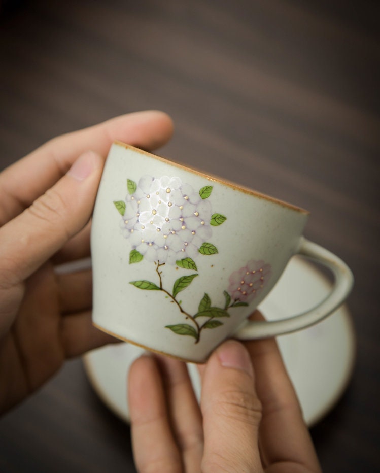 Gohobi Hand-painted ceramic Flowers Hydrangea  Peach blossom tea cup Chinese Gongfu tea Kung fu tea Japanese Chado