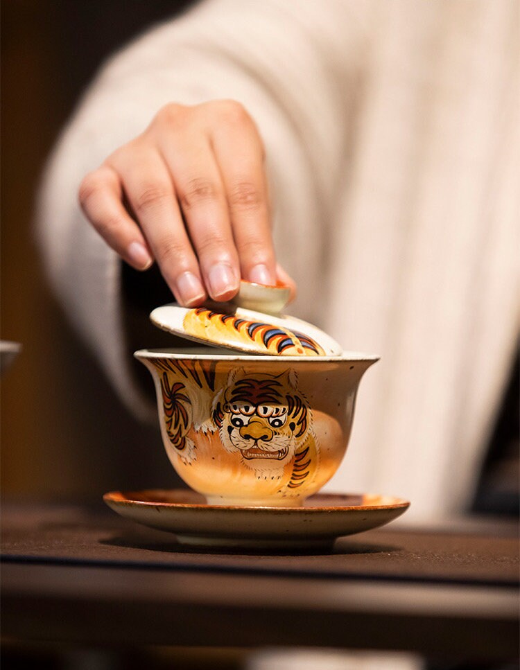 Gohobi Tiger Handmade gaiwan Tea cup and Set. Hand painted, Rustic, Minimalistic Japanese Tea, Green Tea, Gongfu tea