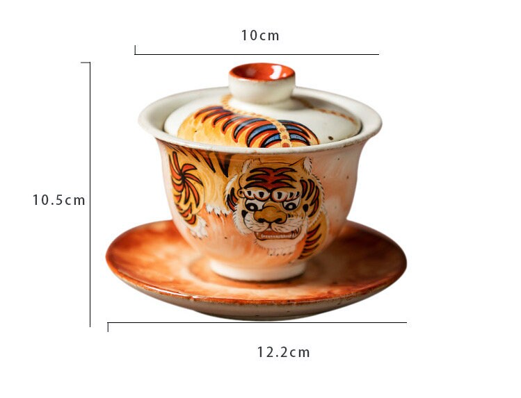 Gohobi Tiger Handmade gaiwan Tea cup and Set. Hand painted, Rustic, Minimalistic Japanese Tea, Green Tea, Gongfu tea