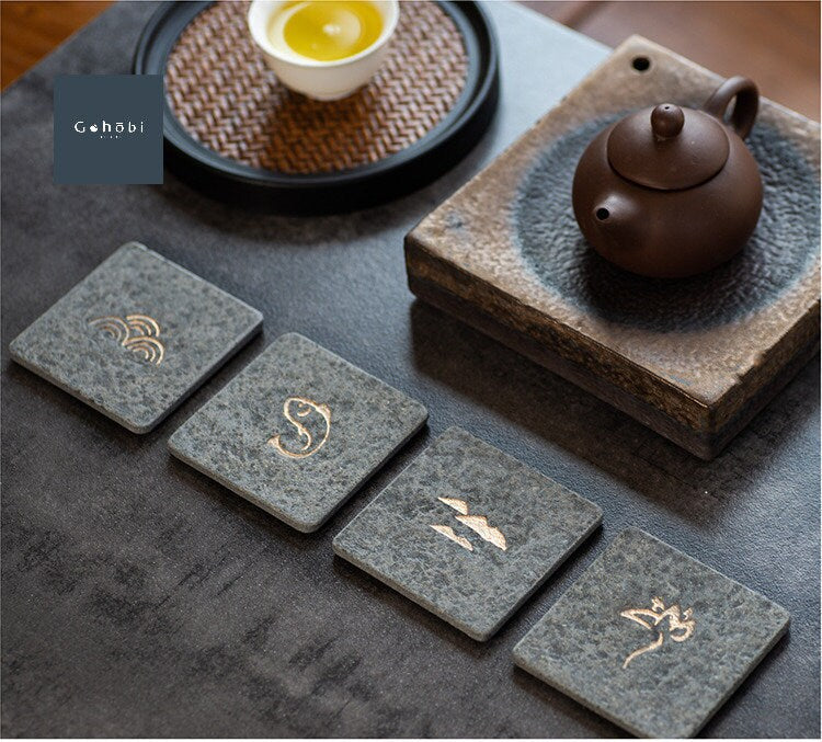 Gohobi A set of 4 stone coaster teapot lid tea coaster Japanese Chado mini coasters gift coaster set <Limited edition:25 sets>