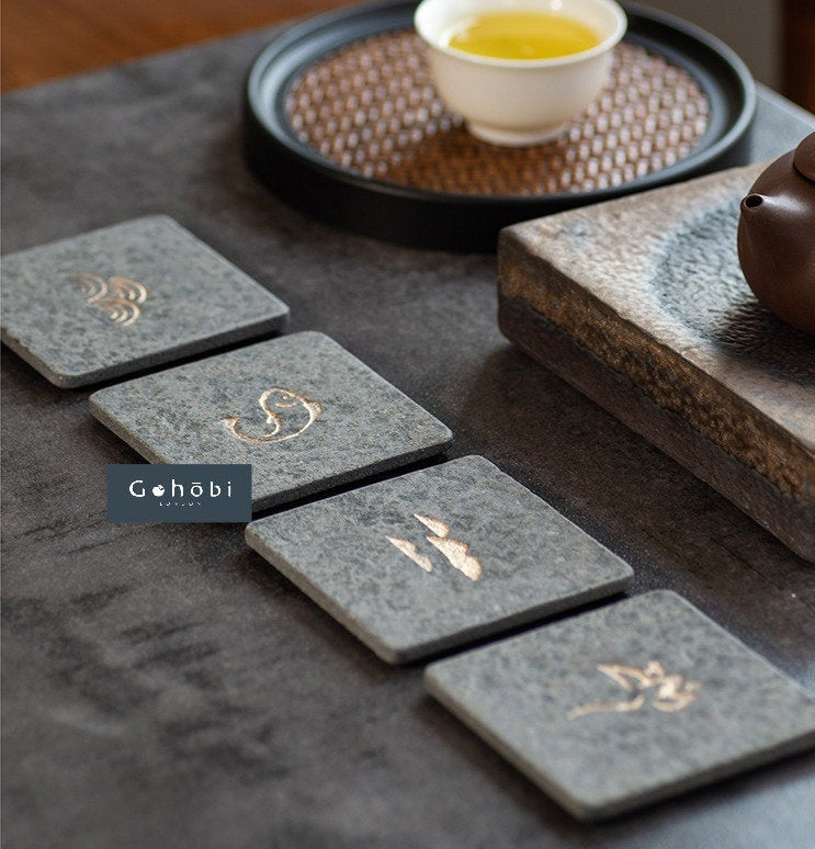 Gohobi A set of 4 stone coaster teapot lid tea coaster Japanese Chado mini coasters gift coaster set <Limited edition:25 sets>