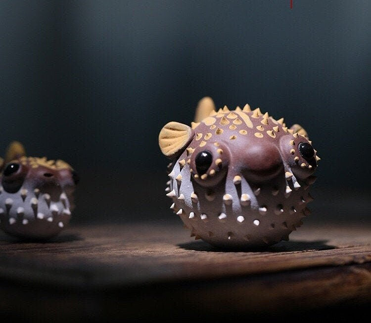 Gohobi Handmade pufferfish ornaments Tea pets ceramic YiXing clay  Chinese Gongfu tea Kung fu tea Japanese Chado unique ornaments