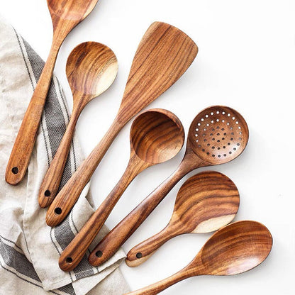 Gohobi A set of 7 wooden kitchen utensils cooking Wood kitchen kit set