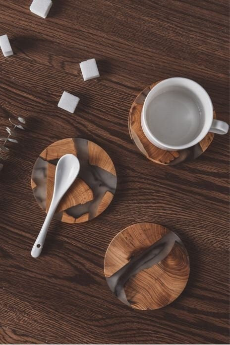 Gohobi 10CM (3.94”) Round Square wooden Resin coaster epoxy tea unique handmade gift placemats Teaware Japanese house living room