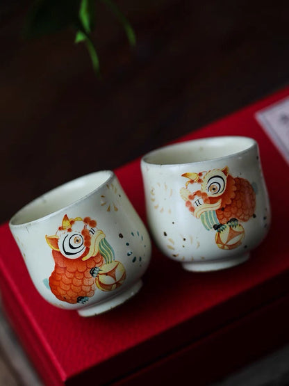 Gohobi Hand painted Chinese Lion dance Tea Cup Ceramic Chinese Gongfu tea Kung fu tea Japanese Chado