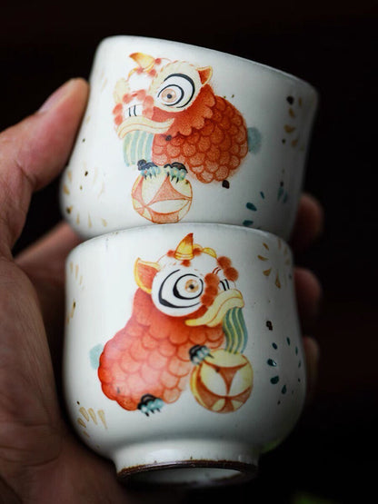 Gohobi Hand painted Chinese Lion dance Tea Cup Ceramic Chinese Gongfu tea Kung fu tea Japanese Chado