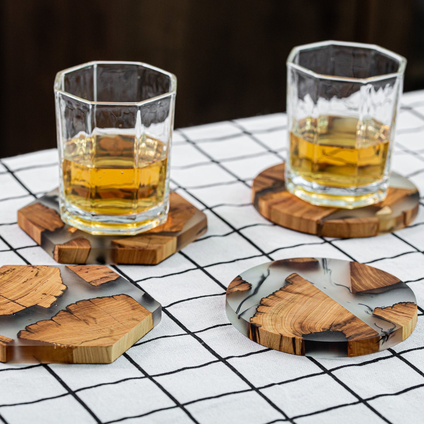 Gohobi LIMITED EDITION Set of 4 Wooden resin coasters placemats + Wooden gift box wabi sabi