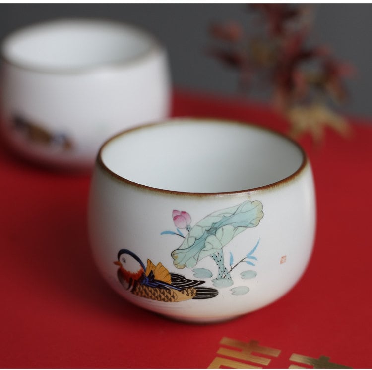 Gohobi A set of 2 hand painted Mandarin duck Tea Cups birthday wedding gift handmade cup