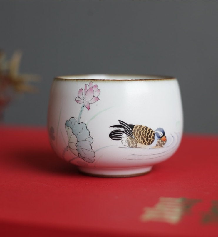 Gohobi A set of 2 hand painted Mandarin duck Tea Cups birthday wedding gift handmade cup