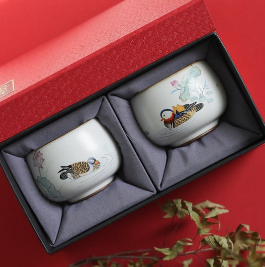Gohobi A set of 2 hand painted Mandarin duck Tea Cups birthday wedding gift handmade cup