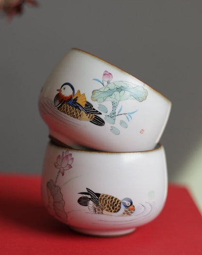 Gohobi A set of 2 hand painted Mandarin duck Tea Cups birthday wedding gift handmade cup