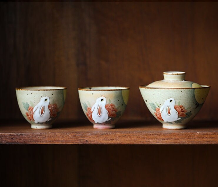 Gohobi Rabbit Handmade Tea cup, Hand painted, vintage, high quality, Rustic, Minimalistic Japanese Tea, Green Tea, Gongfu tea