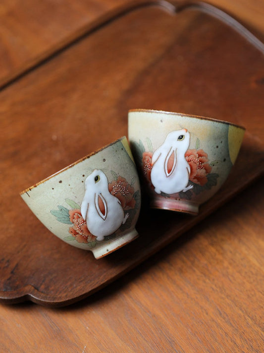 Gohobi Rabbit Handmade Tea cup, Hand painted, vintage, high quality, Rustic, Minimalistic Japanese Tea, Green Tea, Gongfu tea