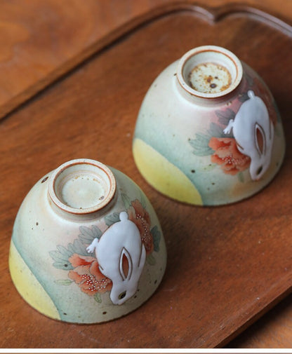 Gohobi Rabbit Handmade Tea cup, Hand painted, vintage, high quality, Rustic, Minimalistic Japanese Tea, Green Tea, Gongfu tea