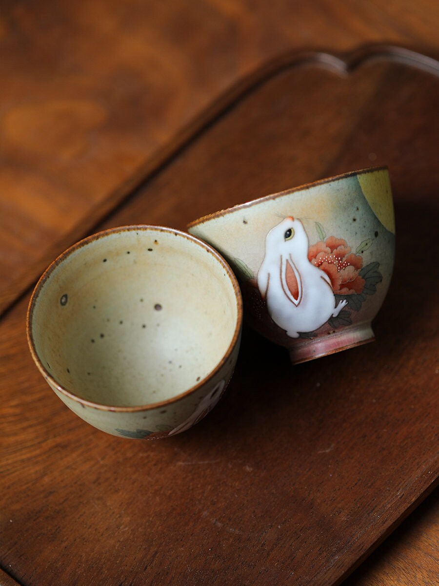 Gohobi Rabbit Handmade Tea cup, Hand painted, vintage, high quality, Rustic, Minimalistic Japanese Tea, Green Tea, Gongfu tea