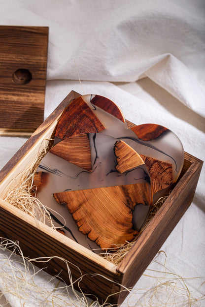 Gohobi LIMITED EDITION Set of 4 Wooden resin coasters placemats + Wooden gift box wabi sabi