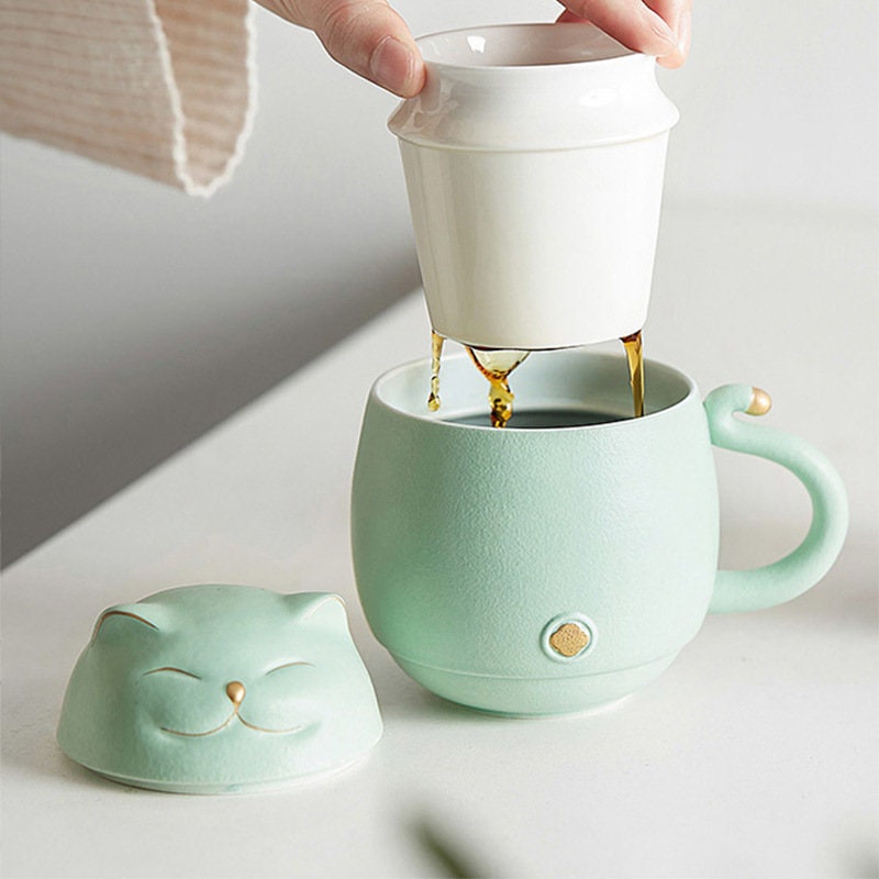 Gohobi Cat tea cup [UK stock] with Infuser office Tea Mug with Lid  Lucky cat Japanese cat tea mug