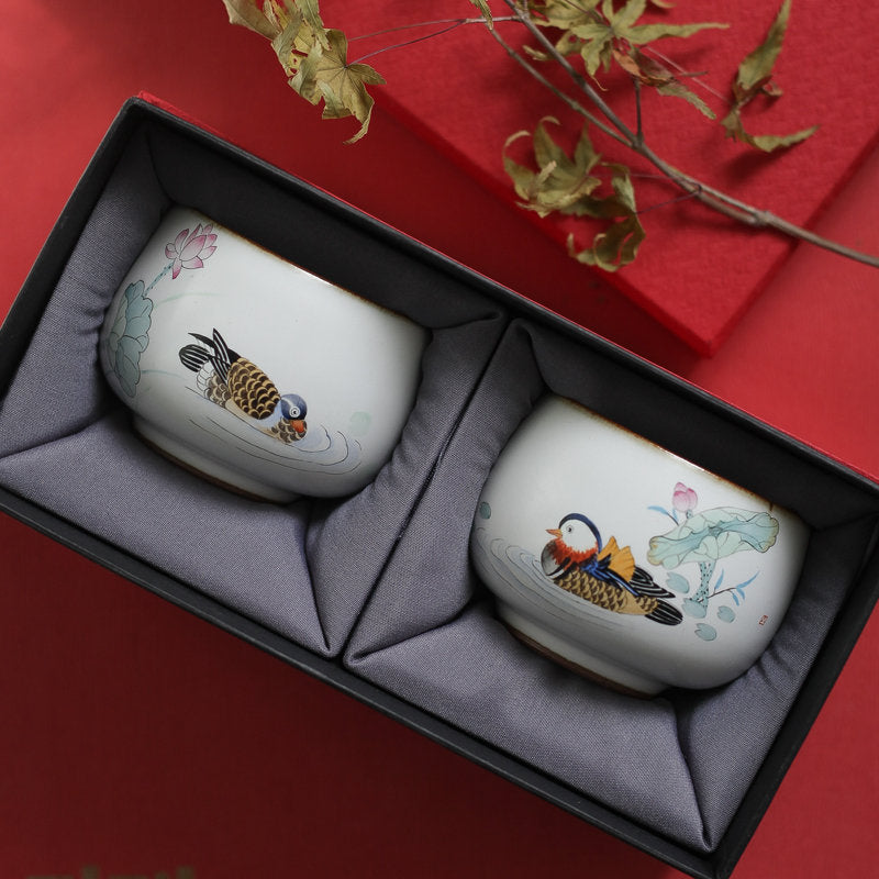 Gohobi A set of 2 hand painted Mandarin duck Tea Cups birthday wedding gift handmade cup