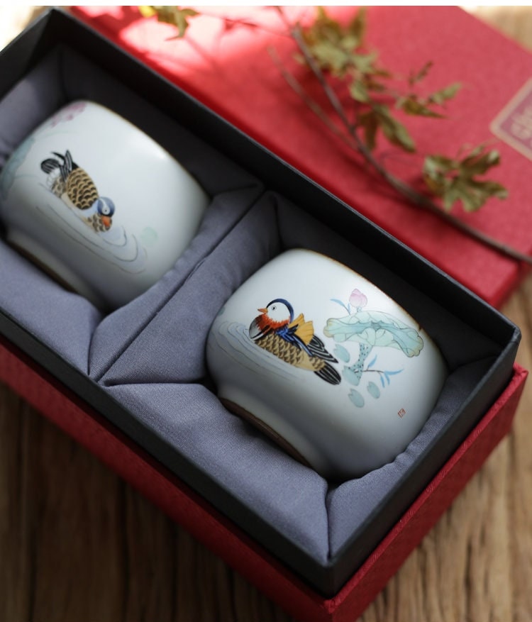 Gohobi A set of 2 hand painted Mandarin duck Tea Cups birthday wedding gift handmade cup