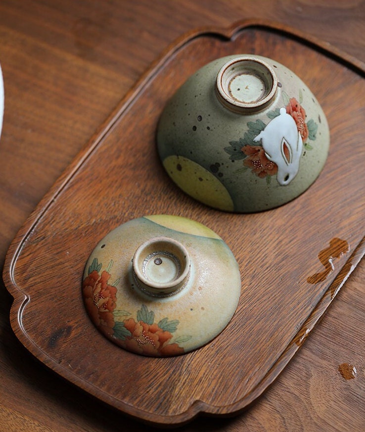 Gohobi rabbit Handmade gaiwan Tea cup Set, Hand painted, vintage, high quality, Rustic, Japanese Tea, Green Tea, Gongfu tea