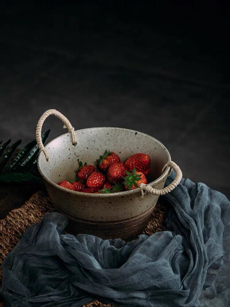 Gohobi Ceramic bowl Japanese style tableware with rattan handle