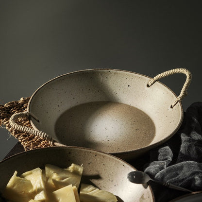 Gohobi Handmade ceramic pasta bowl plate with rattan holder Japanese style tableware stoneware