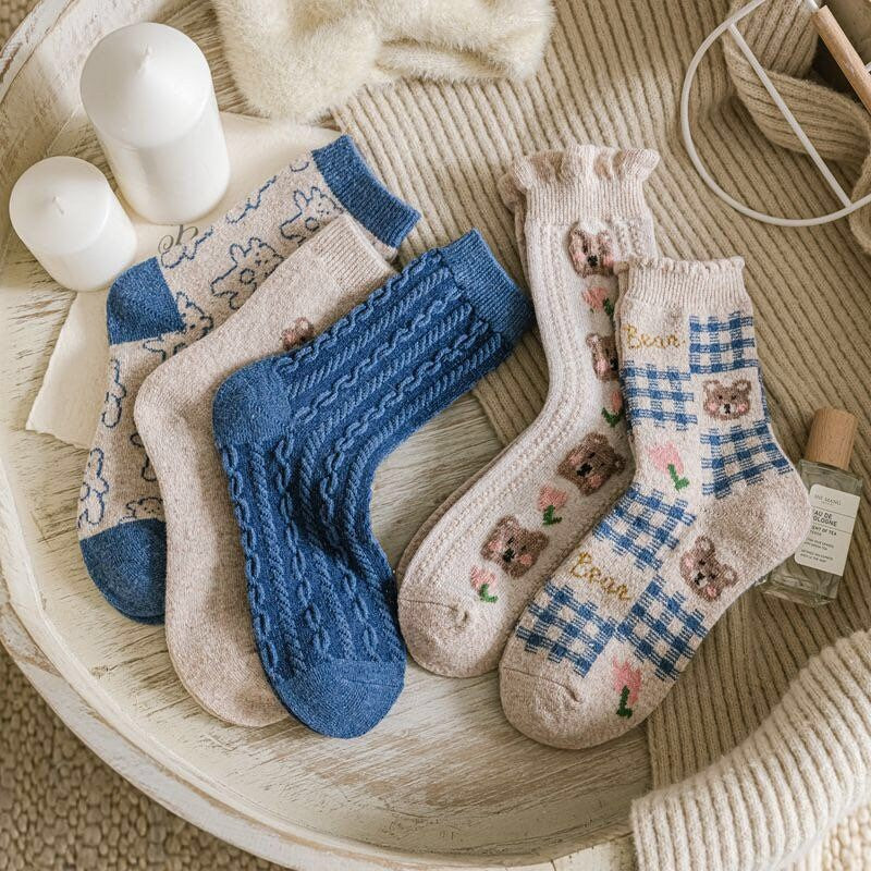 Bear wool socks gift Women Winter Socks gift flowers floral Korean Japanese blue