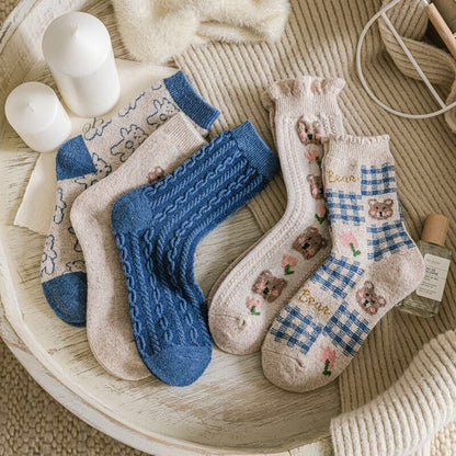 Bear wool socks gift Women Winter Socks gift flowers floral Korean Japanese blue