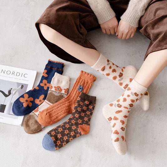 Floral wool socks gift Women Winter Socks orange gift flowers Korean Japanese