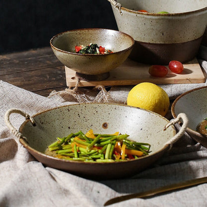 Gohobi Handmade ceramic pasta bowl plate with rattan holder Japanese style tableware stoneware