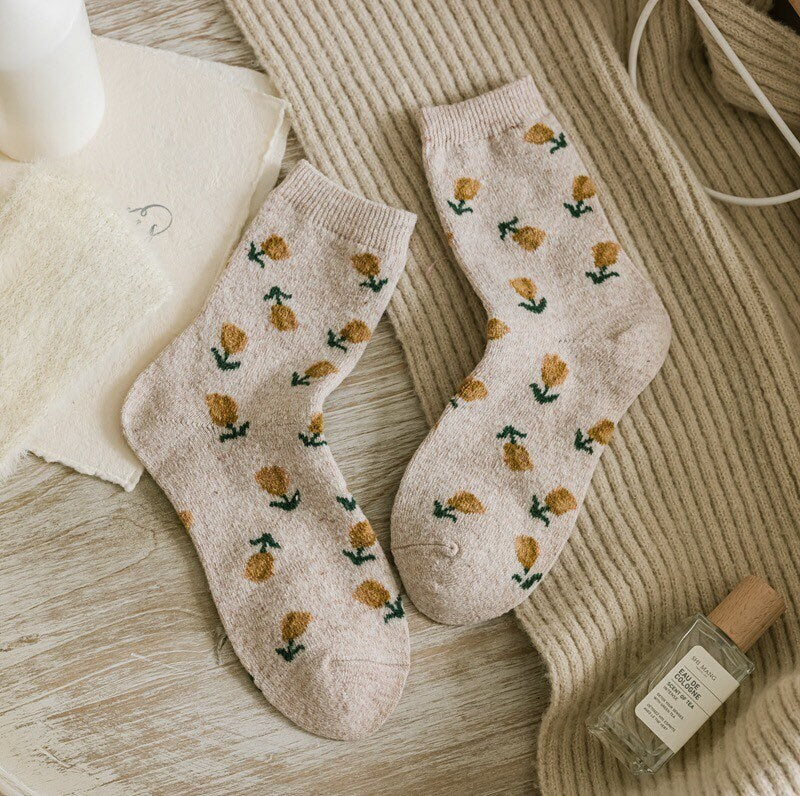 Floral wool socks gift Women Winter Socks gift wool flowers Korean Japanese yellow