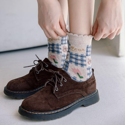 Bear wool socks gift Women Winter Socks gift flowers floral Korean Japanese blue