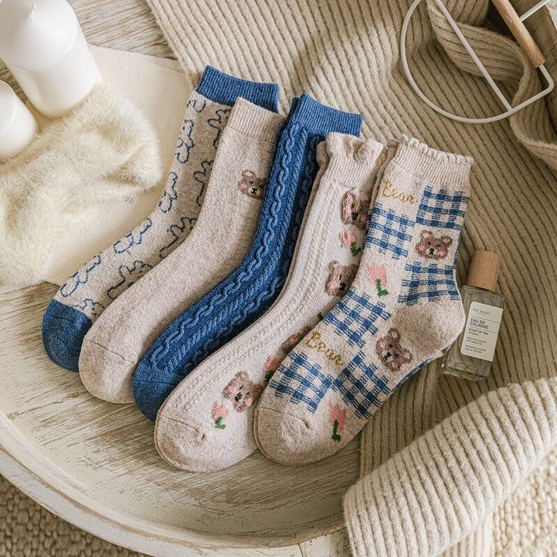 Bear wool socks gift Women Winter Socks gift flowers floral Korean Japanese blue