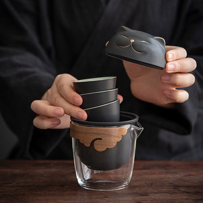 Gohobi Cat tea cup [UK stock- FREE Travel case] with Infuser and 3 small tea cups, office Tea Mug with Lid, Lucky cat Japanese cat tea mug