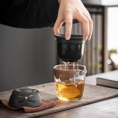 Gohobi Cat tea cup [UK stock- FREE Travel case] with Infuser and 3 small tea cups, office Tea Mug with Lid, Lucky cat Japanese cat tea mug